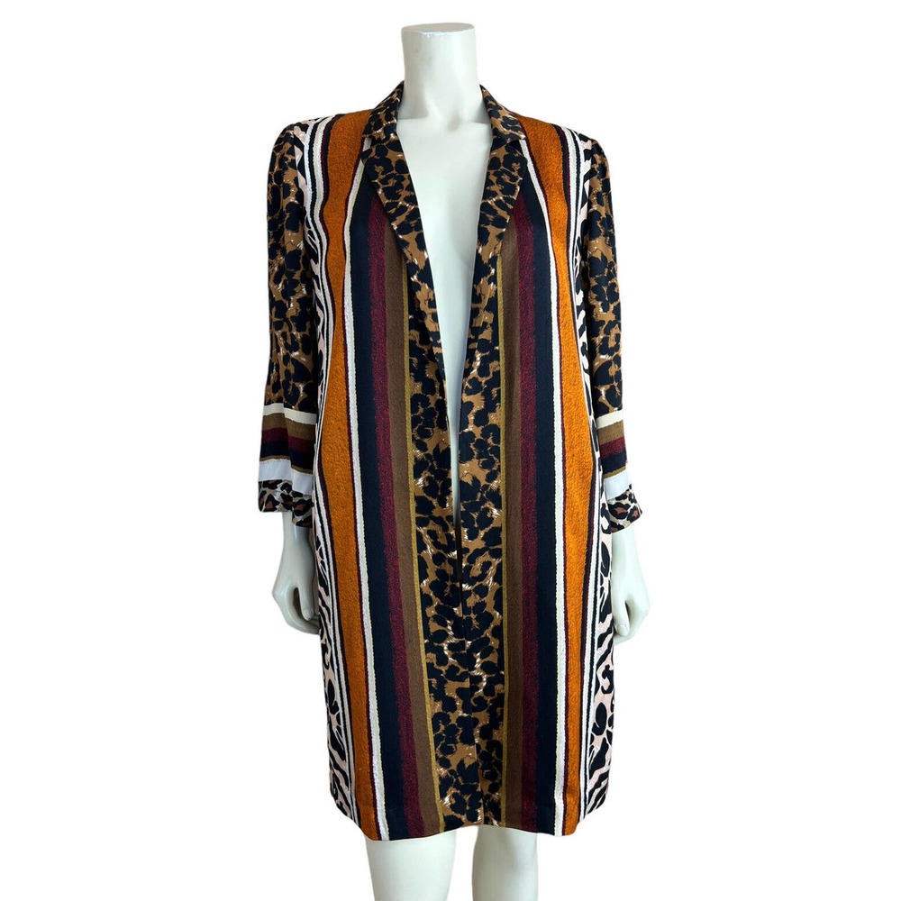 Kobi Halperin Animal Print Kimono Coat M Stella Stripe Brown Open Front Pockets